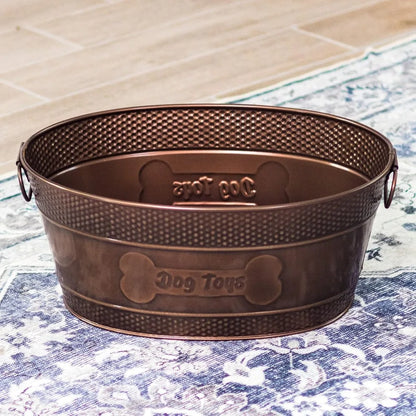 Metal Dog Toy Bin - Copper Galvanized Storage Bin with Handles, Dog Toy Box for Dog Chew Toys