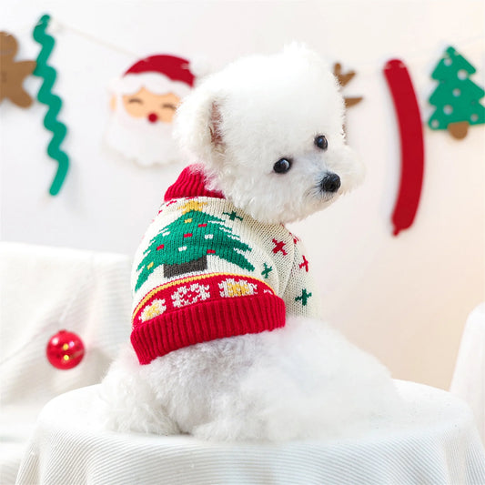Christmas Reindeer Dog Sweater. Winter Holiday Clothes for Small Dogs Festive Xmas Tree Design Cozy Knit