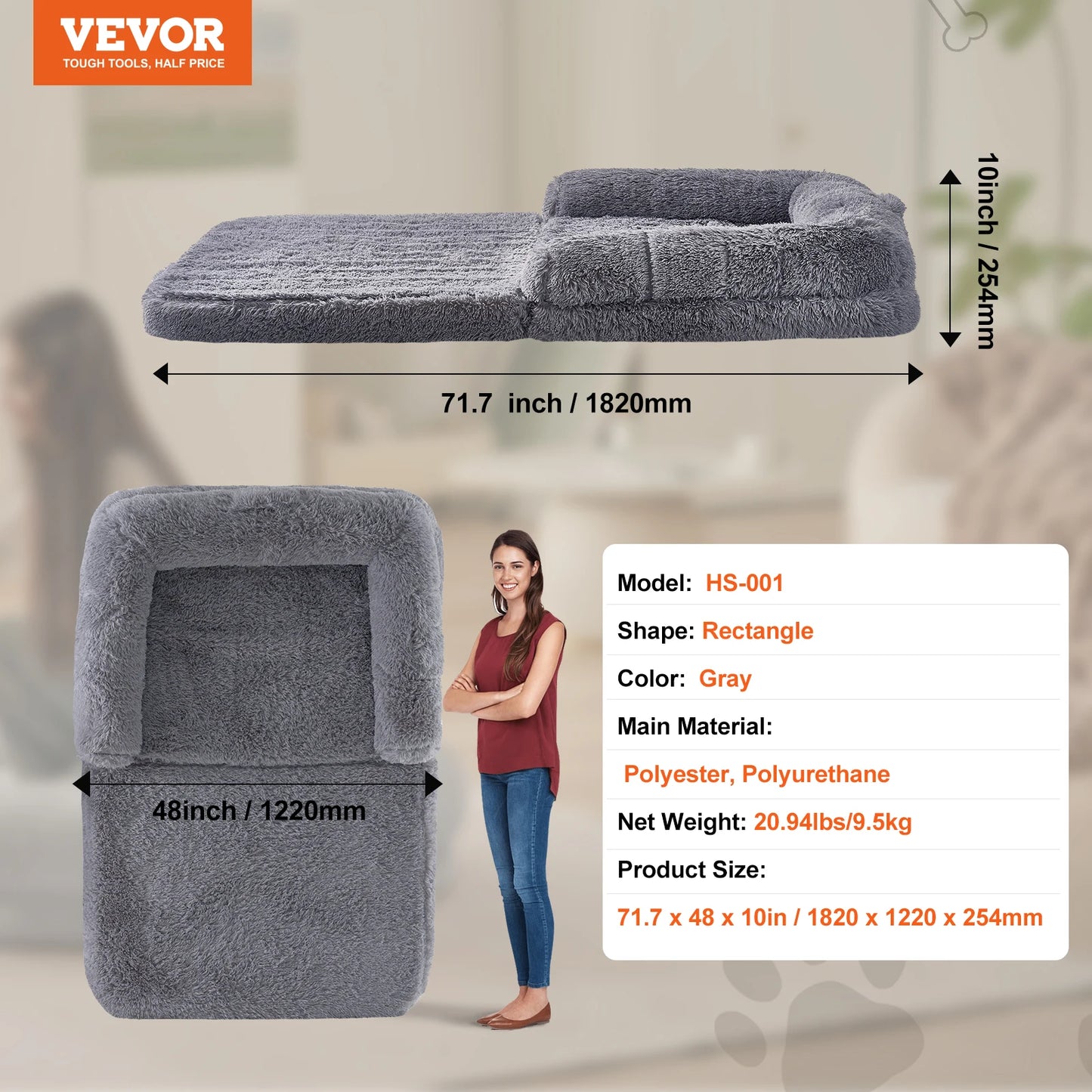 Human Dog Bed for Adult Human Size Dog with Washable Faux Rabbit Fur Cover Egg Orthopedic Foam Grey