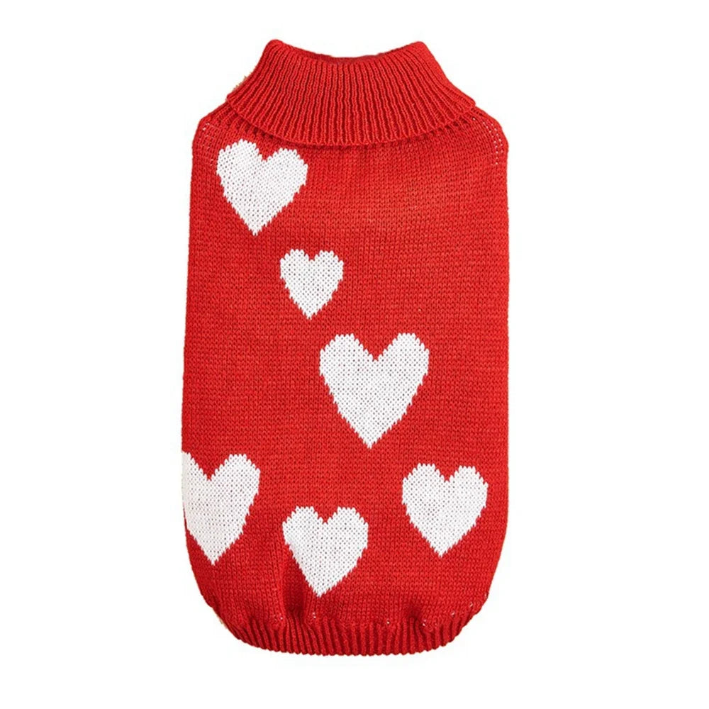 Cute Dog Sweater. Heart Pattern Warm Pet Jumper, Coat Jacket Winter Clothes High Collar Knitwear