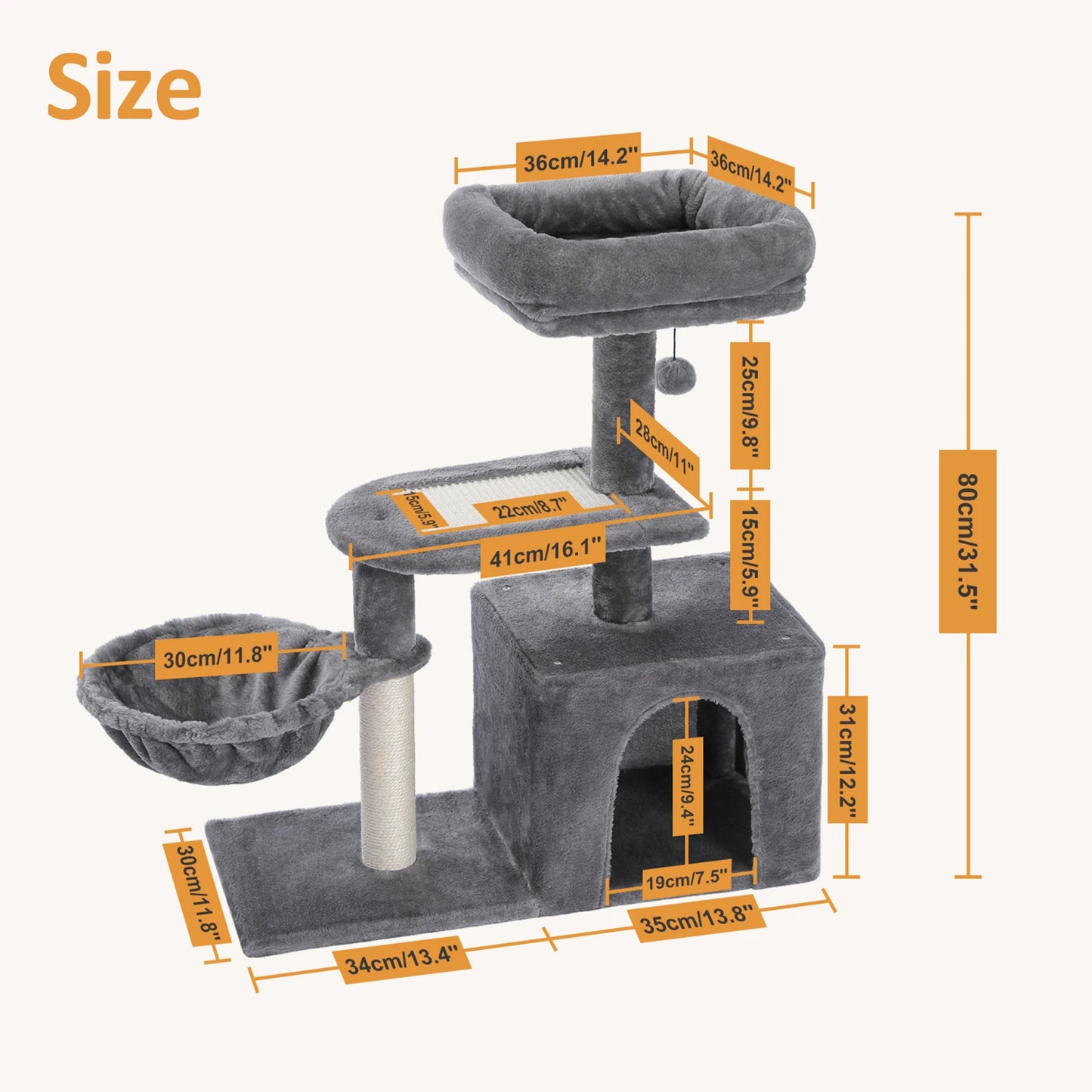 This Cat Tree Tower offers indoor cats endless fun and relaxation. Featuring cat scratching posts, a big hammock, and a removable top perch in two stylish designs, it’s perfect for climbing, lounging, and playtime in comfor