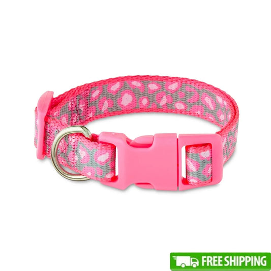 Reflective Cheetah Print Dog Collar Small Adjustable Pink Iridescent Clasp D-Ring Leash Attachment Safety Fashionable Daily Use