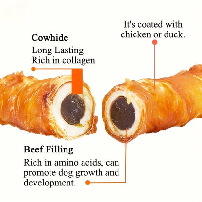 Chicken Wrapped Cowhide Chocolate Stick, Meat Dog Snacks, Made From Chicken Meat And Beef Skin, Beef Stuffing