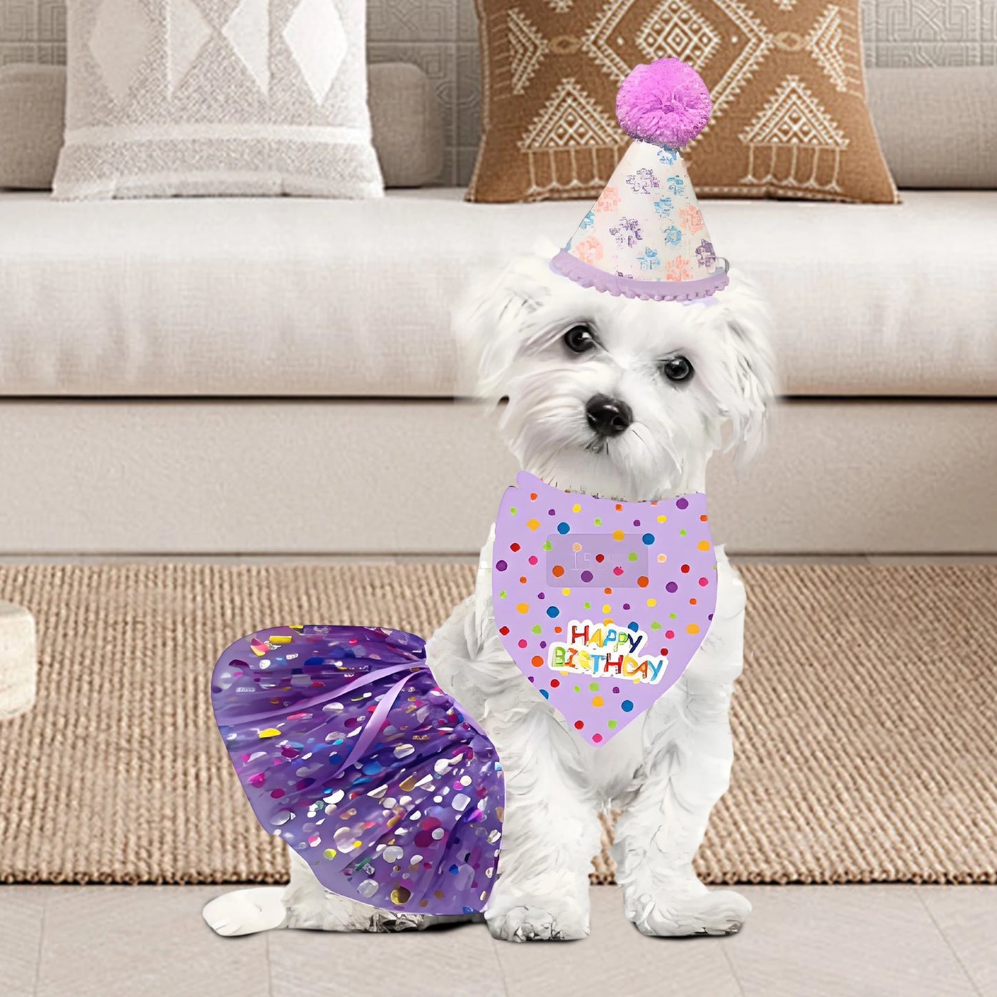 Cute Dog Birthday Costume Set. Adorable Party Hat with Matching Skirt and Scarf for Indoor and Outdoor Celebrations