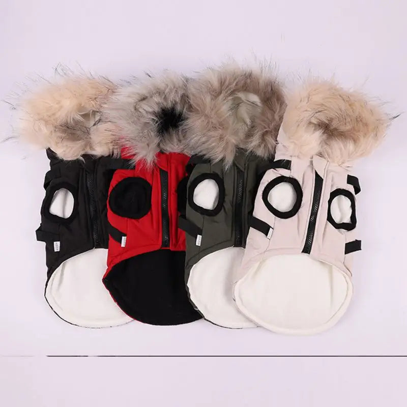 Autumn Winter Warm Pet Jacket With Harness. Hooded Padded Coat with Imitation Fur Hat For Small Medium Dogs