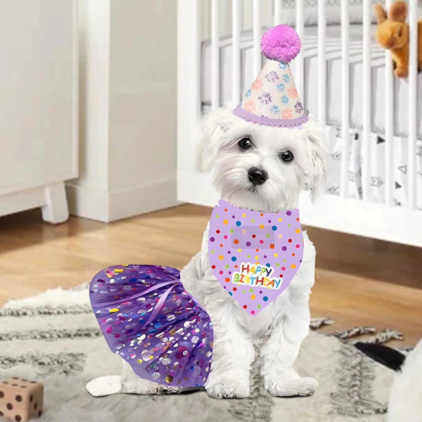 Cute Dog Birthday Costume Set. Adorable Party Hat with Matching Skirt and Scarf for Indoor and Outdoor Celebrations