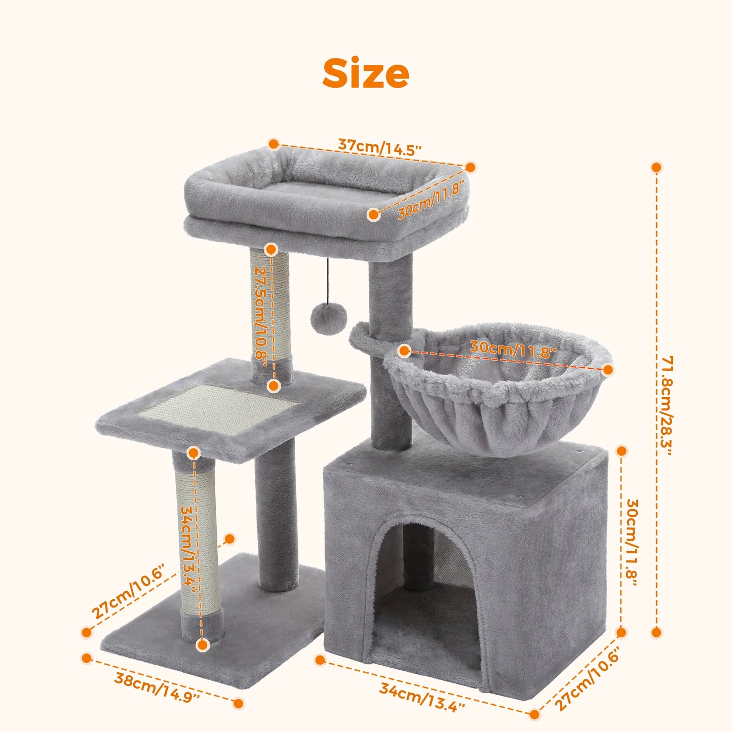This Cat Tree Tower offers indoor cats endless fun and relaxation. Featuring cat scratching posts, a big hammock, and a removable top perch in two stylish designs, it’s perfect for climbing, lounging, and playtime in comfor