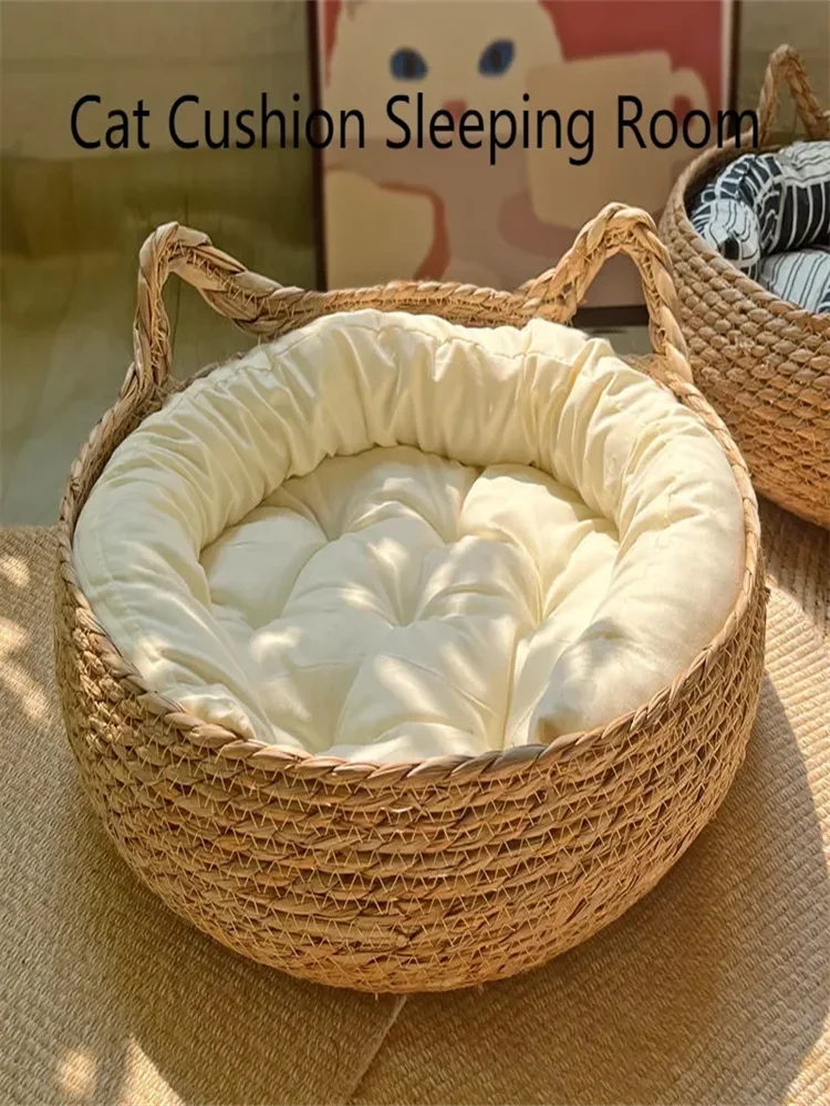 Give your cat the perfect spot to relax with this pure hand-woven rattan cat nest. Designed for all seasons, it includes a warm, removable, and washable pad to keep your pet comfortable year-round.