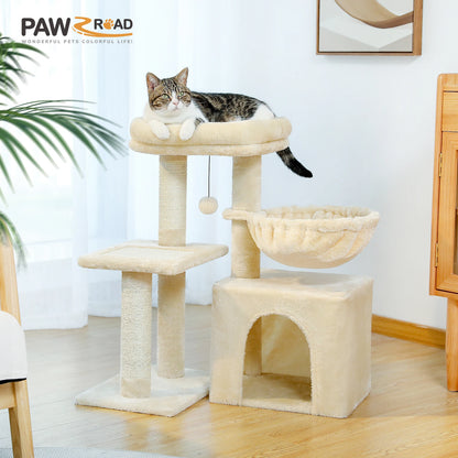 This Cat Tree Tower offers indoor cats endless fun and relaxation. Featuring cat scratching posts, a big hammock, and a removable top perch in two stylish designs, it’s perfect for climbing, lounging, and playtime in comfor