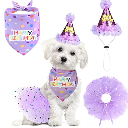 Cute Dog Birthday Costume Set. Adorable Party Hat with Matching Skirt and Scarf for Indoor and Outdoor Celebrations