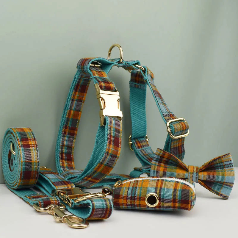 High Quality Custom Design Logo Cotton Pet Accessories Personalized Dog Collar Leashes Harness Bow Set