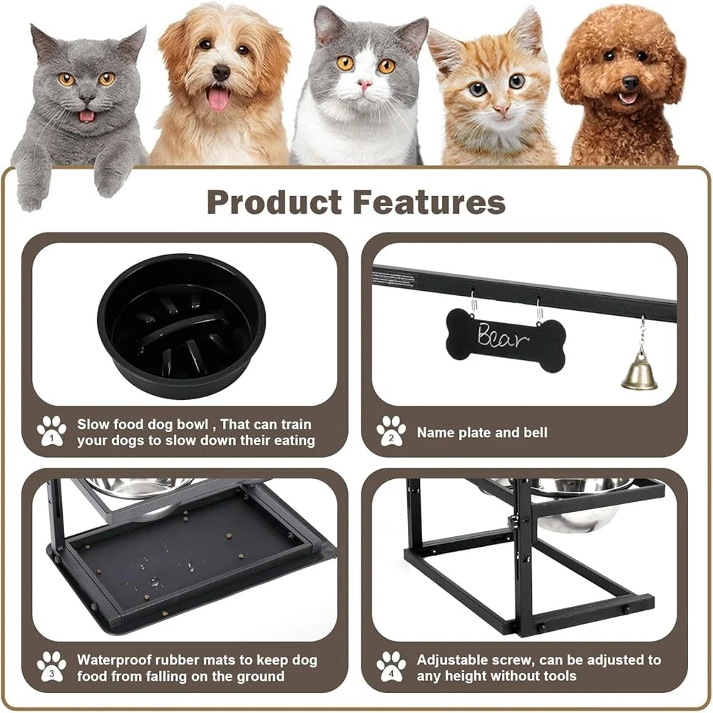 Elevated Slow Feeder Dog Bowls Adjustable Height Reduces Joint Stress with Spill-Proof Mat Large Dogs