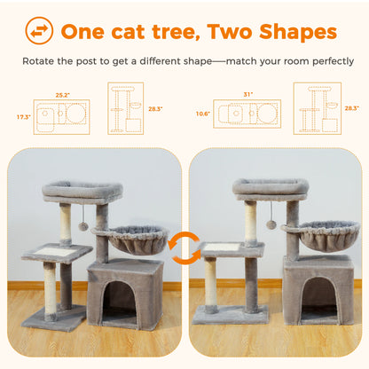 This Cat Tree Tower offers indoor cats endless fun and relaxation. Featuring cat scratching posts, a big hammock, and a removable top perch in two stylish designs, it’s perfect for climbing, lounging, and playtime in comfor