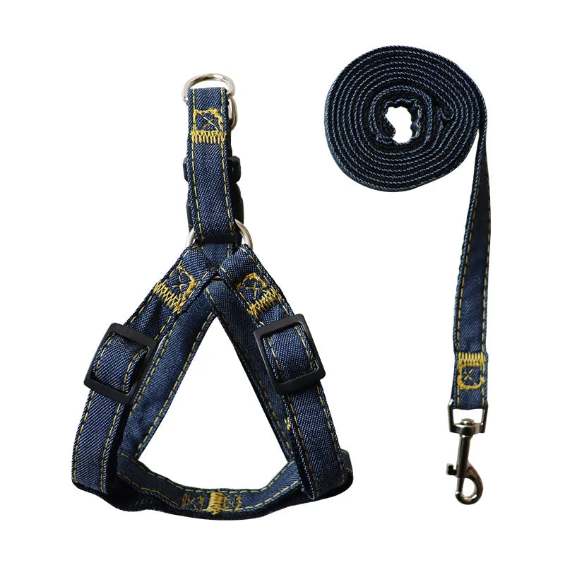 Denim Dog Collar Harness Set, Pet Accessories, Puppy and Cat Collar, Chest Strap, Pug Vest, Outdoor Walking Lead Leash