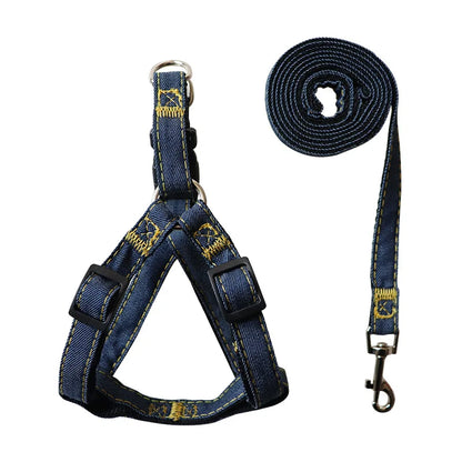 Denim Dog Collar Harness Set, Pet Accessories, Puppy and Cat Collar, Chest Strap, Pug Vest, Outdoor Walking Lead Leash