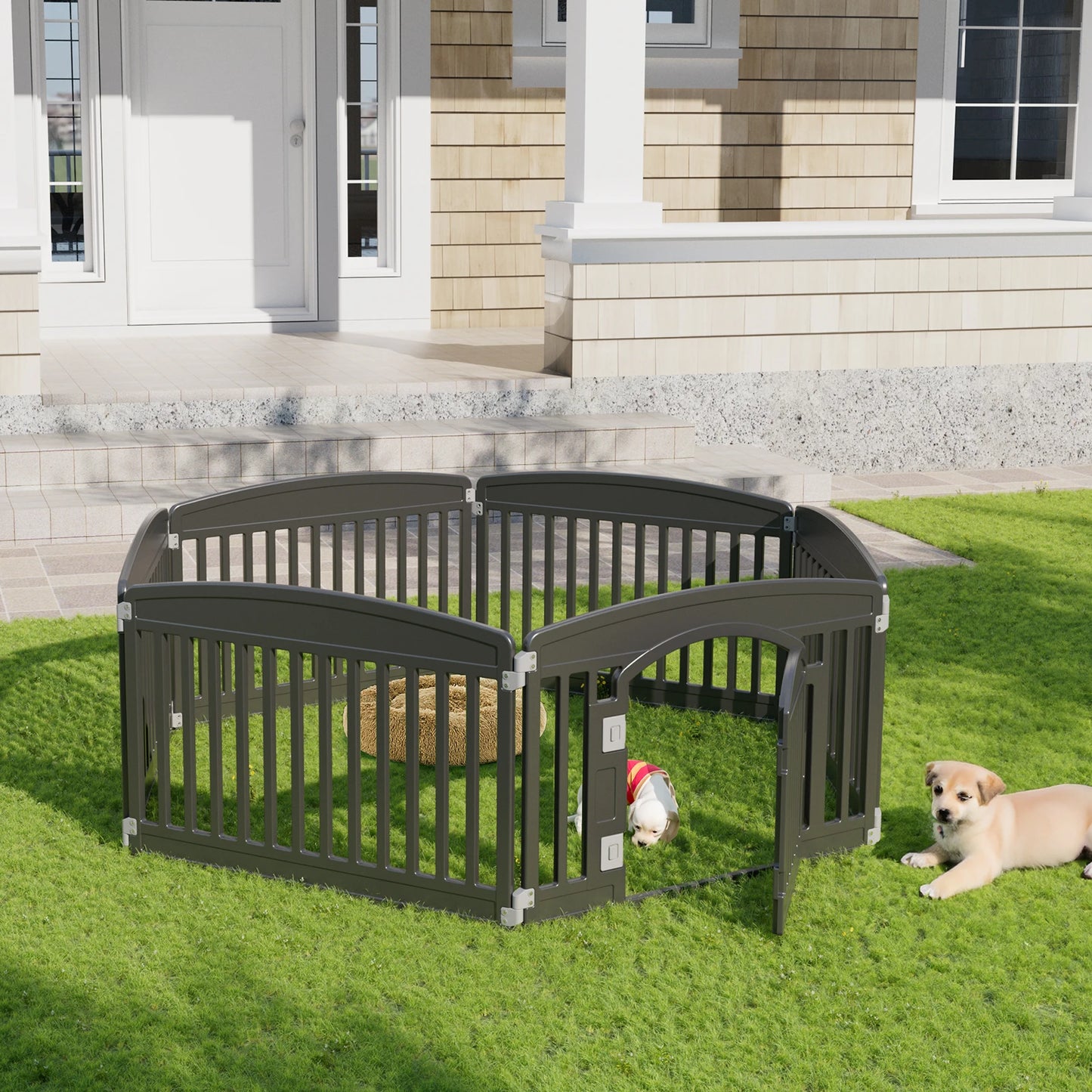 This Plastic Dog Playpen features 6 durable, expandable panels for medium dogs — perfect for indoor or outdoor use with its portable, foldable design.