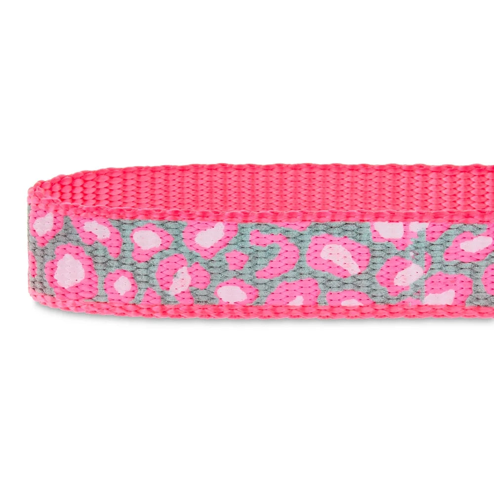 Reflective Cheetah Print Dog Collar Small Adjustable Pink Iridescent Clasp D-Ring Leash Attachment Safety Fashionable Daily Use