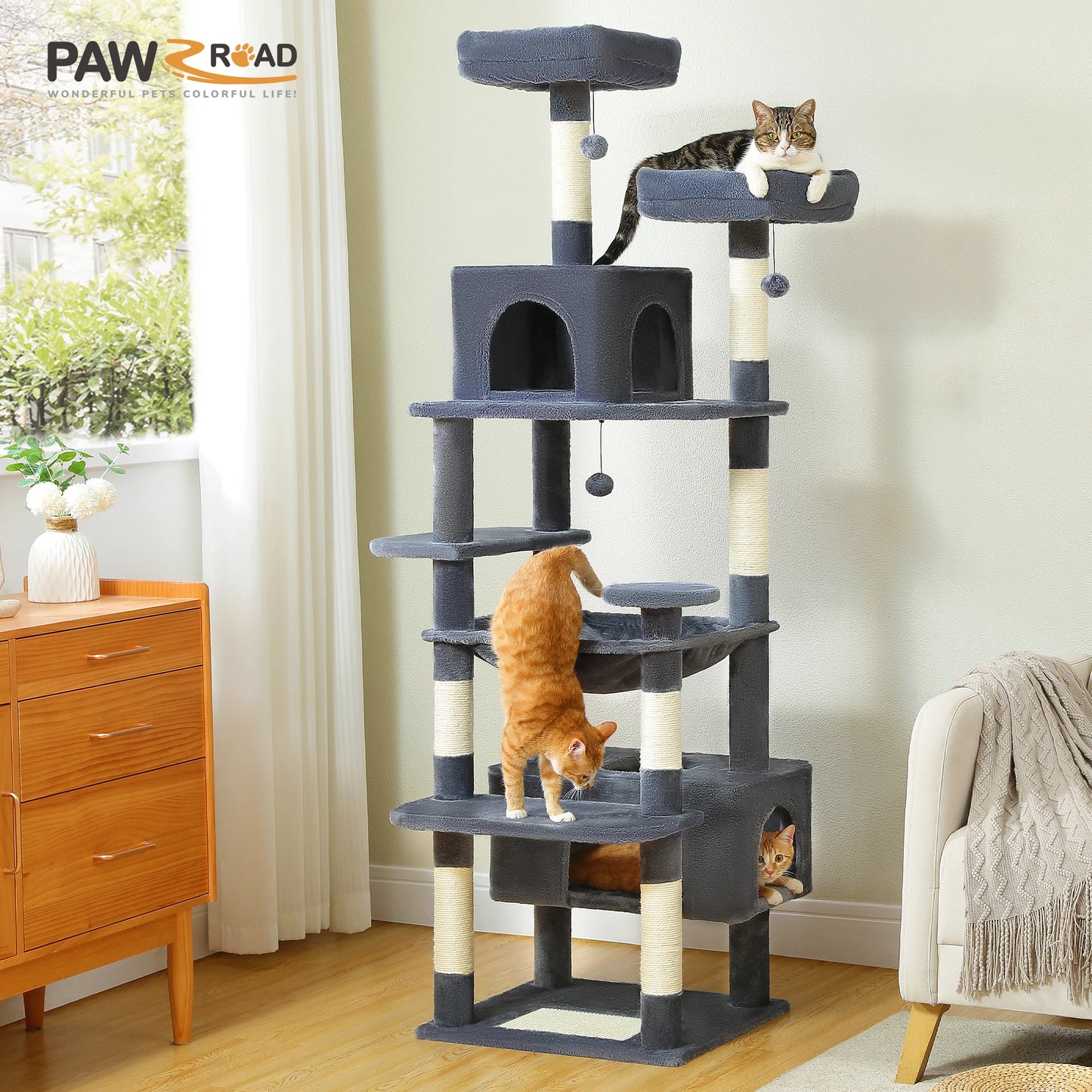 This Large Cat Tree and Tower is perfect for indoor cats to play, climb, and relax. Featuring sisal-covered scratching posts, spacious hammocks, padded perches, cozy condos, and engaging cat toys, it provides endless entertai