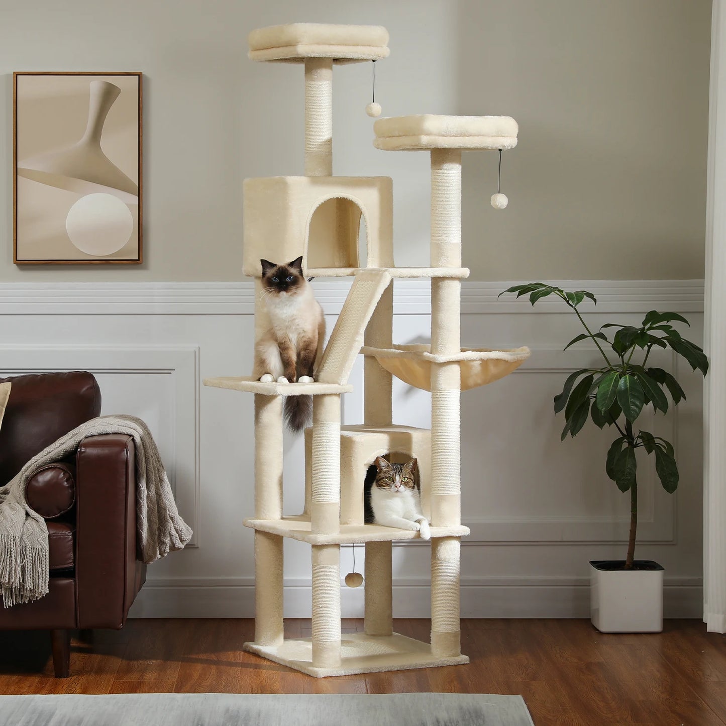 This Large Cat Tree is the ultimate multi-level playground for indoor cats. Featuring plush condos, sturdy scratching posts, cozy perches, and spacious caves, it provides endless entertainment, comfort, and climbing fun for y