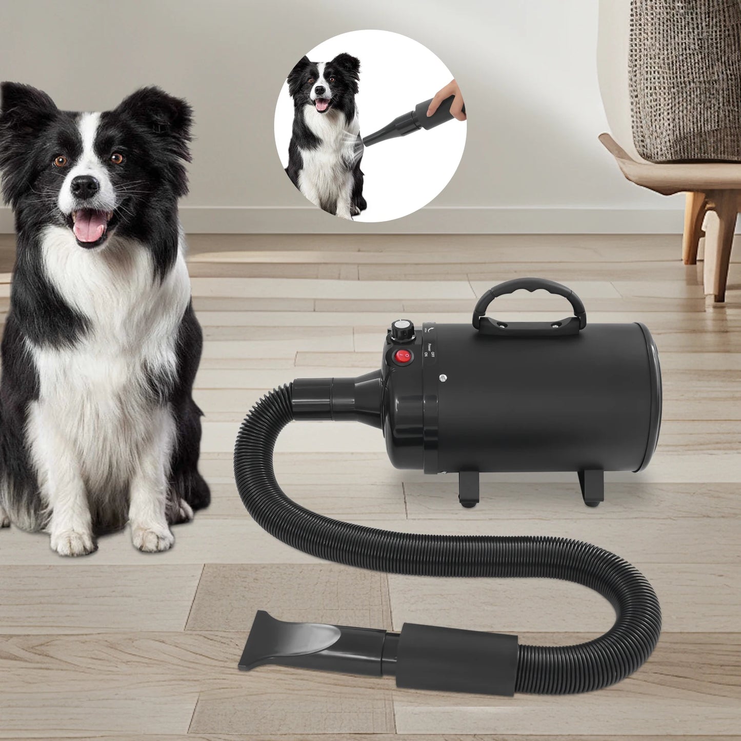2200W Electric Pets Hair Dryer. Adjustable Wind, Two Temperature Levels, 4 Nozzles Dogs Cats