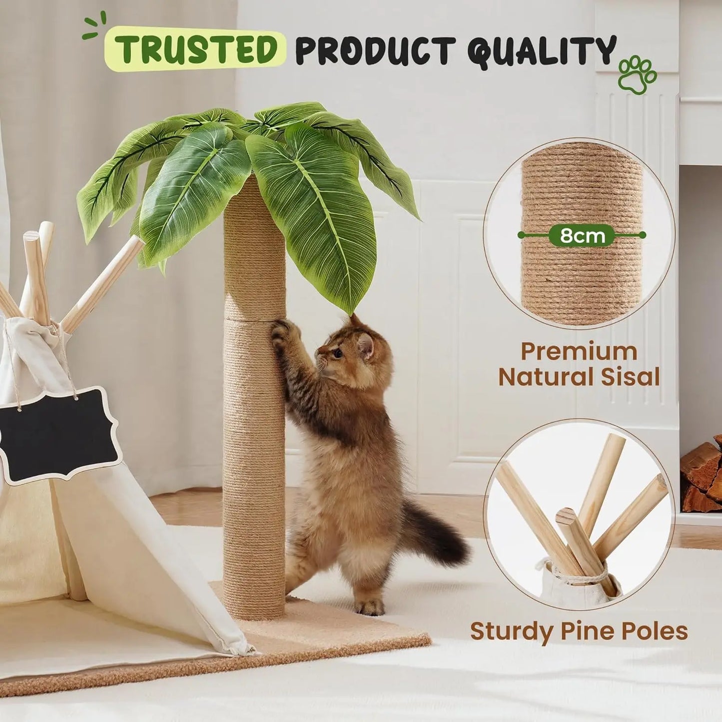 This 60cm tall Cat Scratching Post Teepee combines play, rest, and style in one unique design. Featuring simulated leaves, a sturdy scratcher post, and a cozy bed tent, it’s the perfect indoor retreat for your cat to scratc