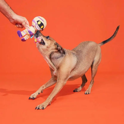 Halloween Dog Toy Mummy Plush with Squeaker Crinkle Sound Tug Rope Whip Flip Legs Interactive Play
