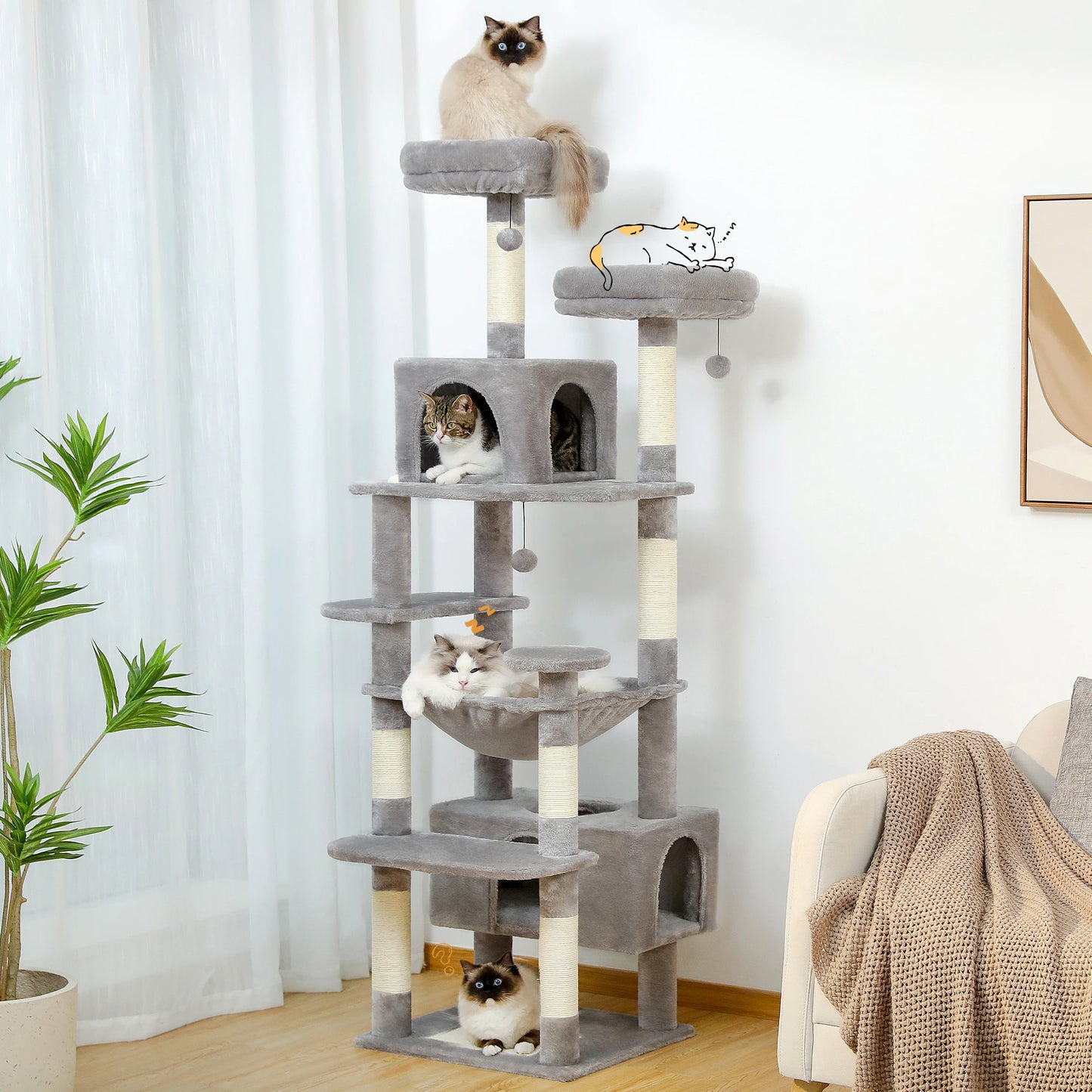 This Large Cat Tree and Tower is perfect for indoor cats to play, climb, and relax. Featuring sisal-covered scratching posts, spacious hammocks, padded perches, cozy condos, and engaging cat toys, it provides endless entertai