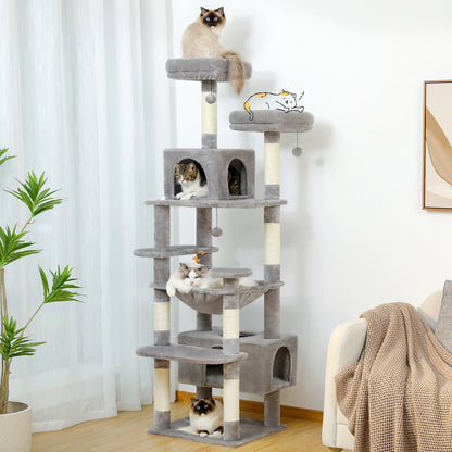 This Large Cat Tree and Tower is perfect for indoor cats to play, climb, and relax. Featuring sisal-covered scratching posts, spacious hammocks, padded perches, cozy condos, and engaging cat toys, it provides endless entertai
