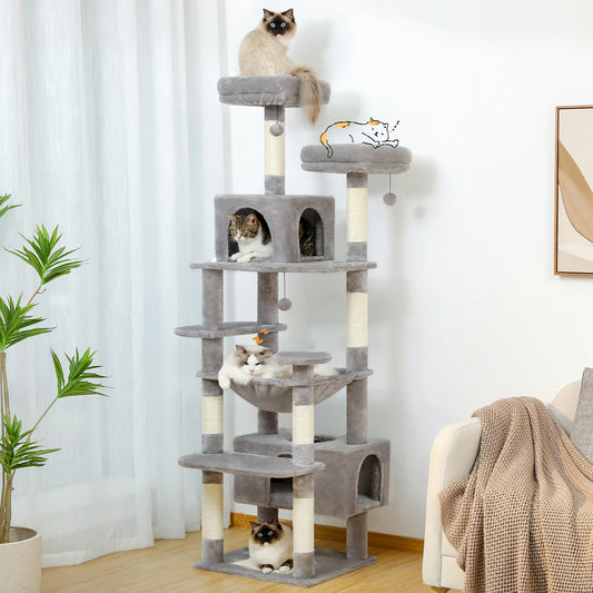 This Large Cat Tree and Tower is perfect for indoor cats to play, climb, and relax. Featuring sisal-covered scratching posts, spacious hammocks, padded perches, cozy condos, and engaging cat toys, it provides endless entertai