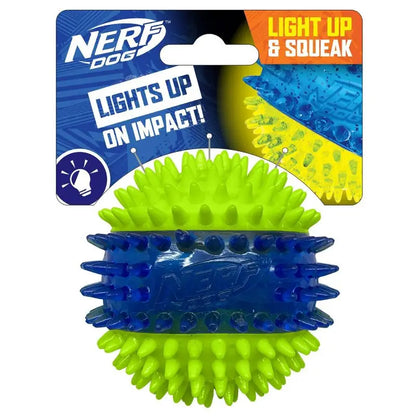 LED Light Up Squeaky Ball Dog Toy with Dental Spikes Soft  Interactive Night Play Fetch Game