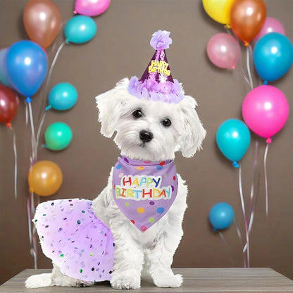Cute Dog Birthday Costume Set. Adorable Party Hat with Matching Skirt and Scarf for Indoor and Outdoor Celebrations