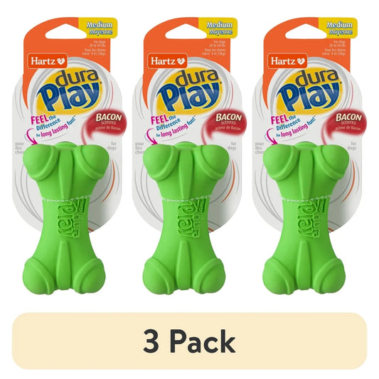 DuraPlay Medium Dog Toy 3 Pack Bacon Scented Latex Fetch Chew Flexible Durable Squeaky Indoor Outdoor Play