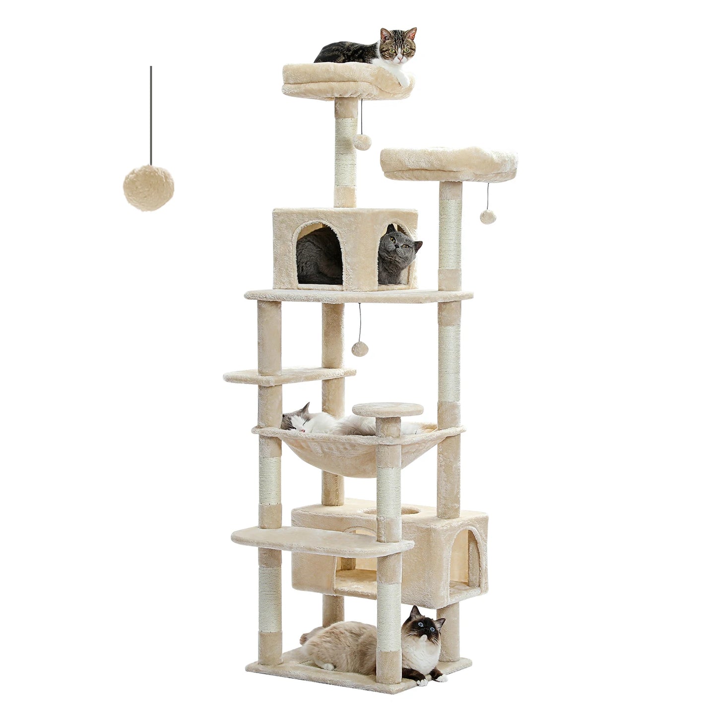 This Large Cat Tree and Tower is perfect for indoor cats to play, climb, and relax. Featuring sisal-covered scratching posts, spacious hammocks, padded perches, cozy condos, and engaging cat toys, it provides endless entertai