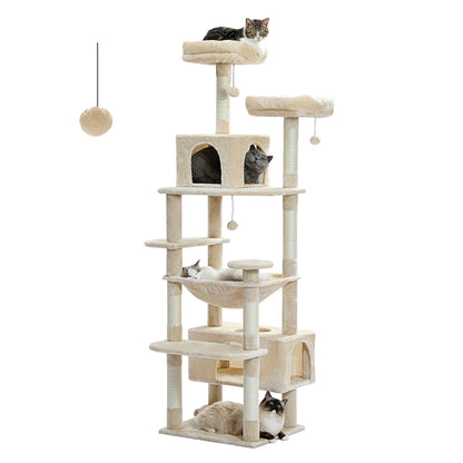 This Large Cat Tree and Tower is perfect for indoor cats to play, climb, and relax. Featuring sisal-covered scratching posts, spacious hammocks, padded perches, cozy condos, and engaging cat toys, it provides endless entertai