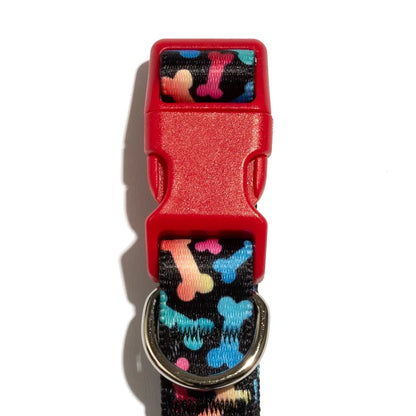 Multicolored Adjustable Dog Collar with Bone Print Pattern. Durable Polyester Easy Clip Leash Attachment