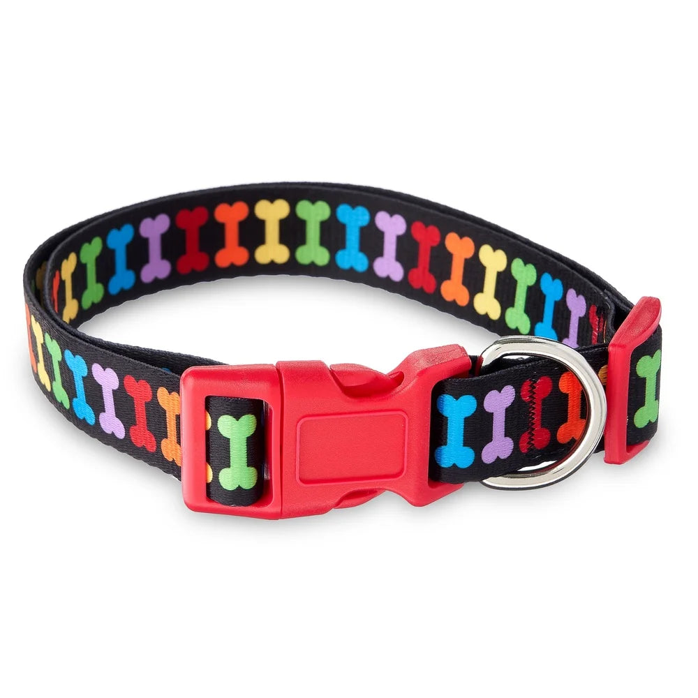 Multicolored Adjustable Dog Collar with Bone Print Pattern. Durable Polyester Easy Clip Leash Attachment