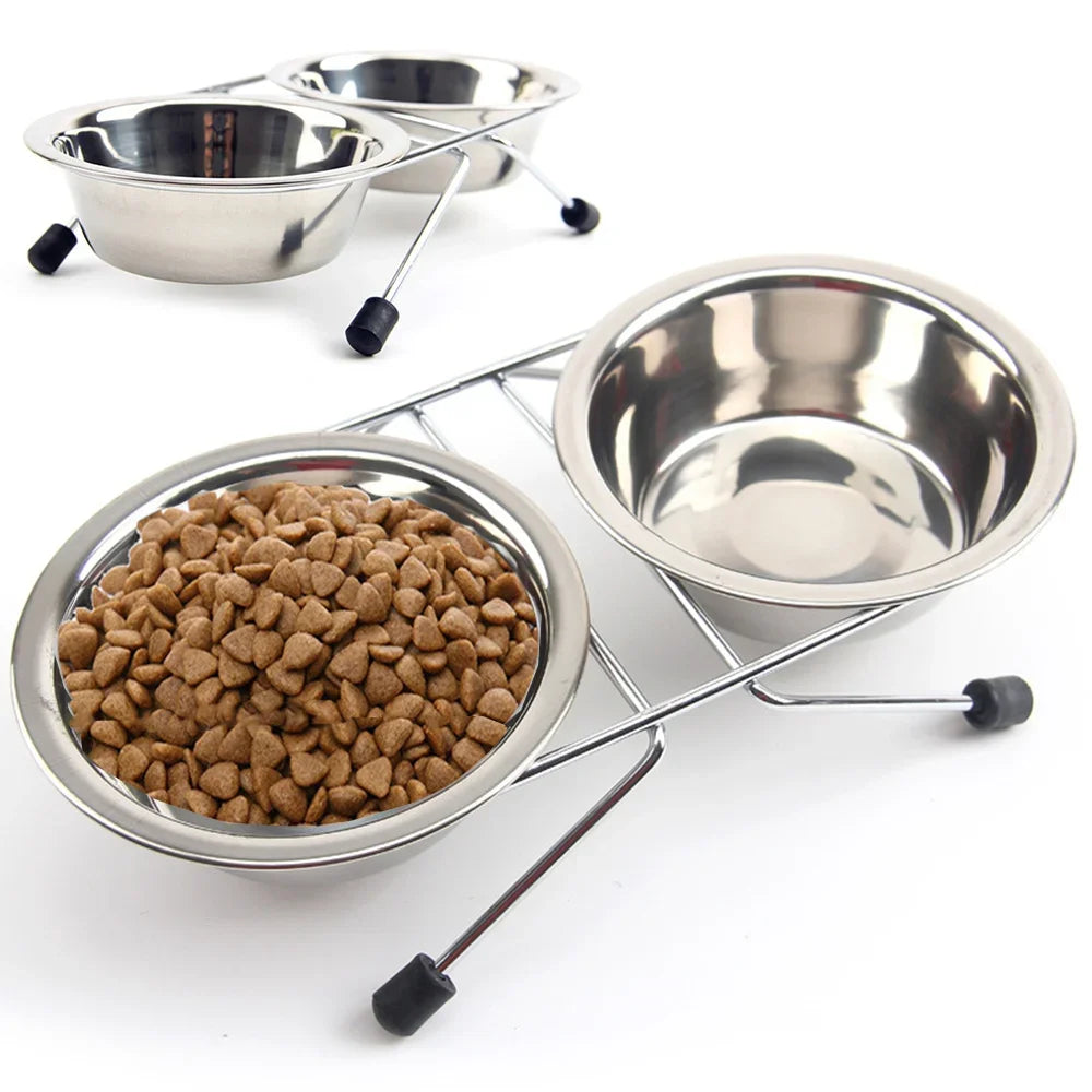 Stainless Steel Dogs/Cat Double Bowls. Durable Iron Stand Food Water Dishes Anti Slip Puppy Feeder Pet Supplies