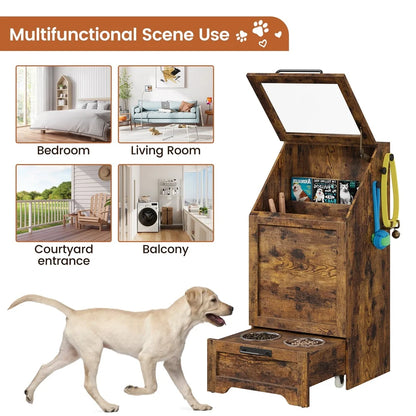 Dog Feeding Station with Hidden Storage Cabinet Flip-Top Design Stainless Steel Bowls Modern Organizer Large Dogs Home Decor