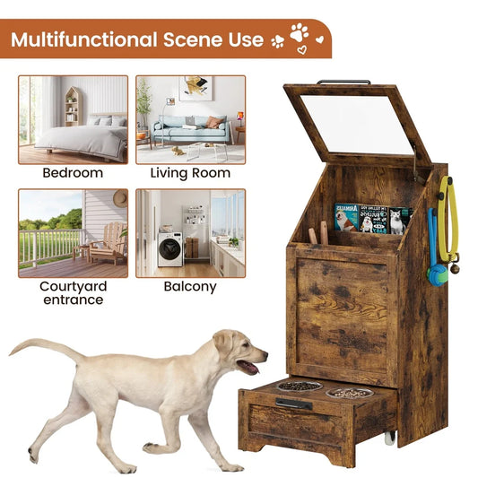 Dog Feeding Station with Hidden Storage Cabinet Flip-Top Design Stainless Steel Bowls Modern Organizer Large Dogs Home Decor