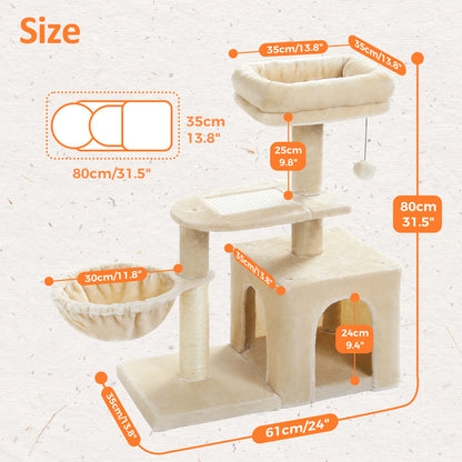 This Cat Tree Tower offers indoor cats endless fun and relaxation. Featuring cat scratching posts, a big hammock, and a removable top perch in two stylish designs, it’s perfect for climbing, lounging, and playtime in comfor