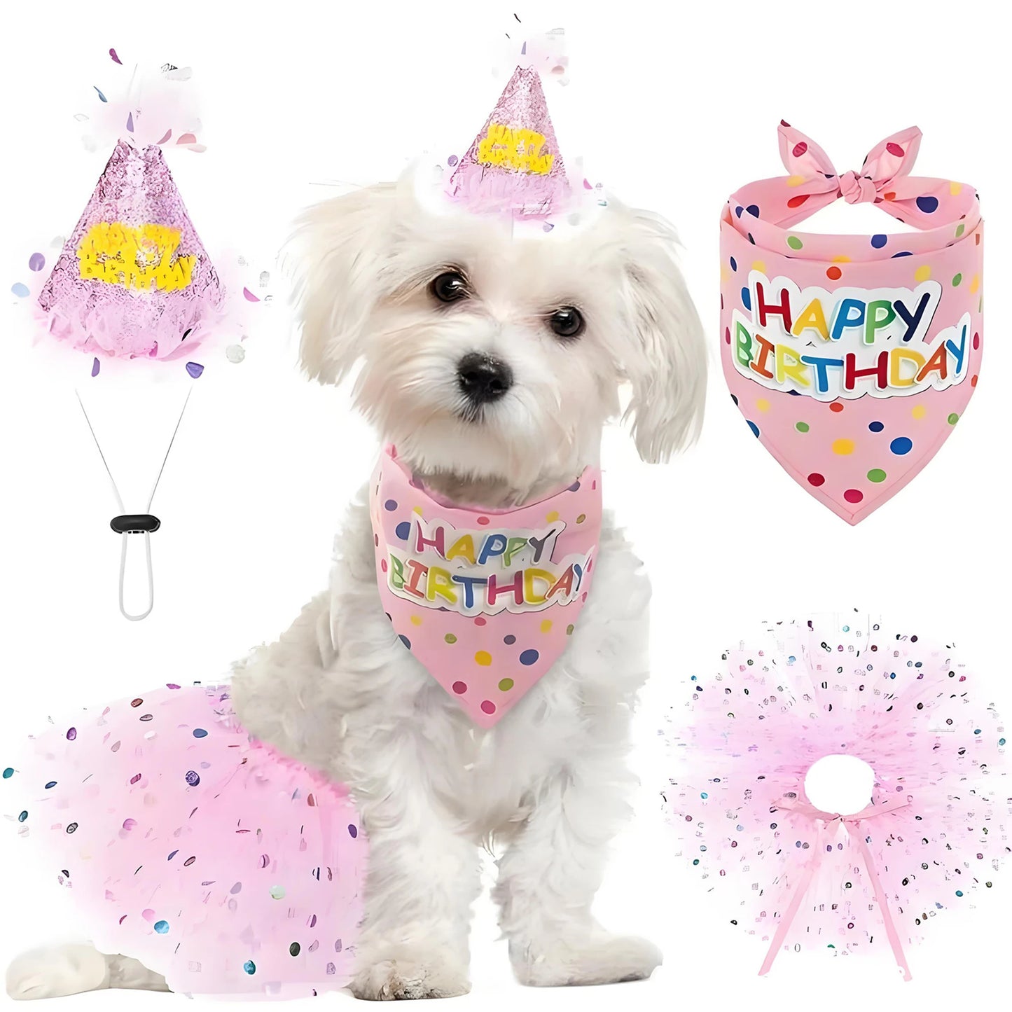 Cute Dog Birthday Costume Set. Adorable Party Hat with Matching Skirt and Scarf for Indoor and Outdoor Celebrations