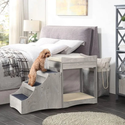 A Pet Bunk Bed with Removable Step for Dogs and Cats, Multi Level, Platform with Cushion