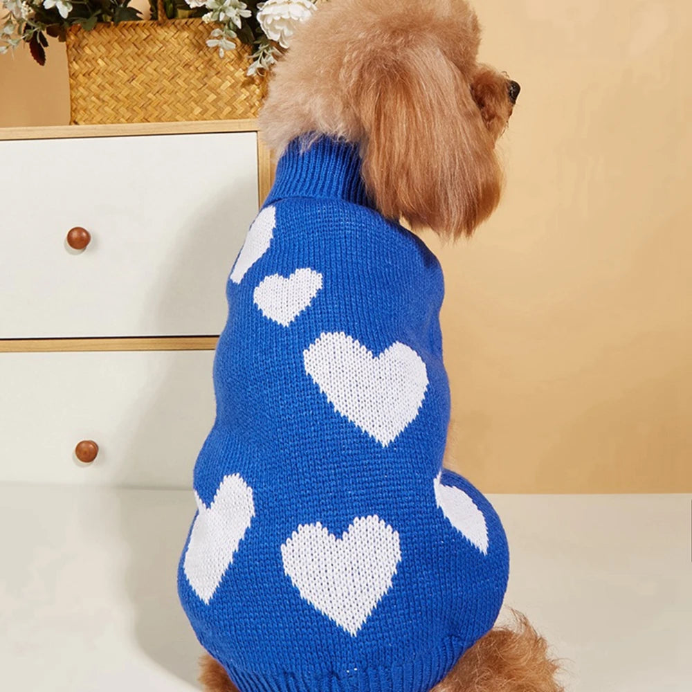 Cute Dog Sweater. Heart Pattern Warm Pet Jumper, Coat Jacket Winter Clothes High Collar Knitwear