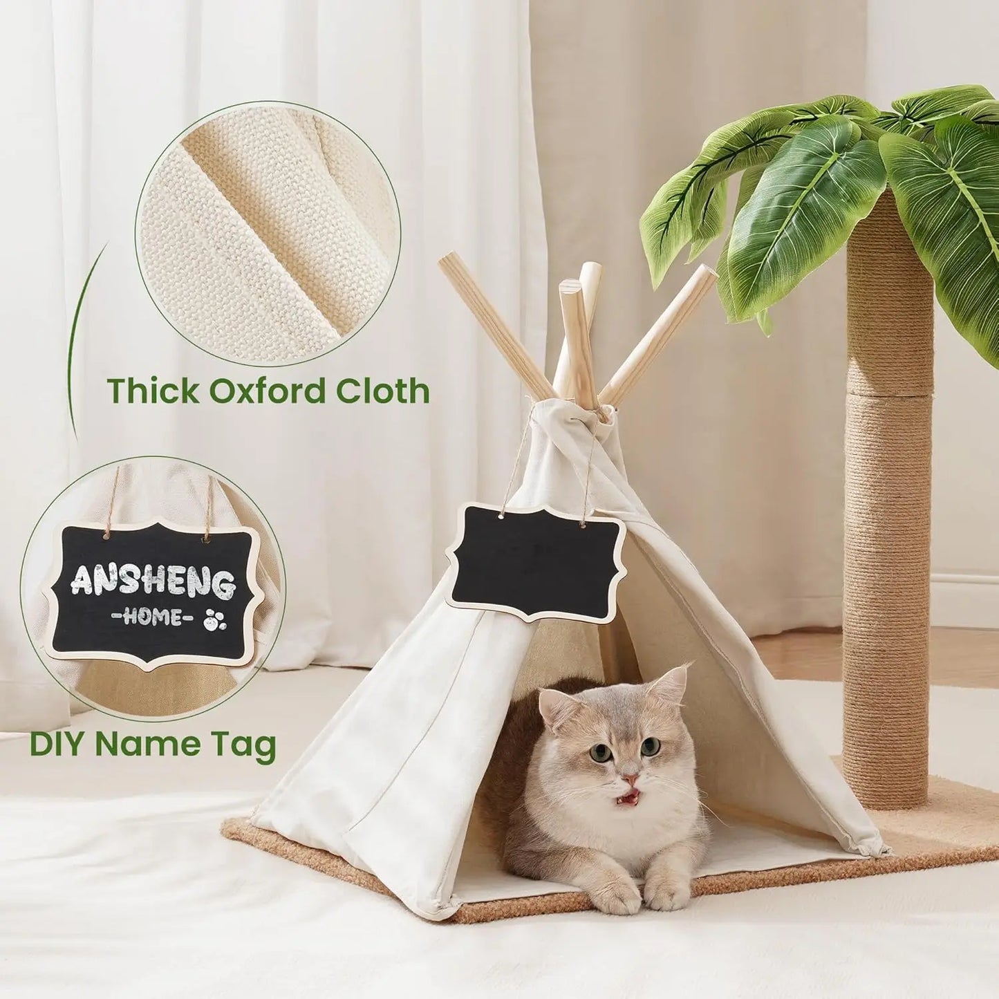 This 60cm tall Cat Scratching Post Teepee combines play, rest, and style in one unique design. Featuring simulated leaves, a sturdy scratcher post, and a cozy bed tent, it’s the perfect indoor retreat for your cat to scratc