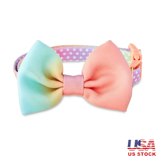 Multicolored Ombre Polka Dot Dog Collar with Bow Tie. Adjustable Small Size Durable Polyester Easy Leash Attachment