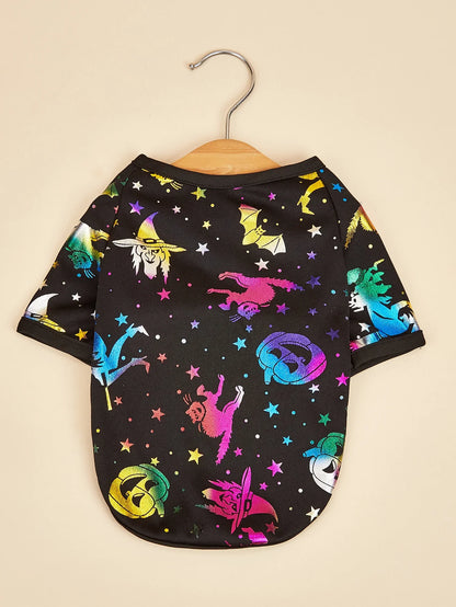 Halloween Dog T-Shirt, Black Short - Sleeve with Colorful Glittery Bats & Pumpkins & Stars Print