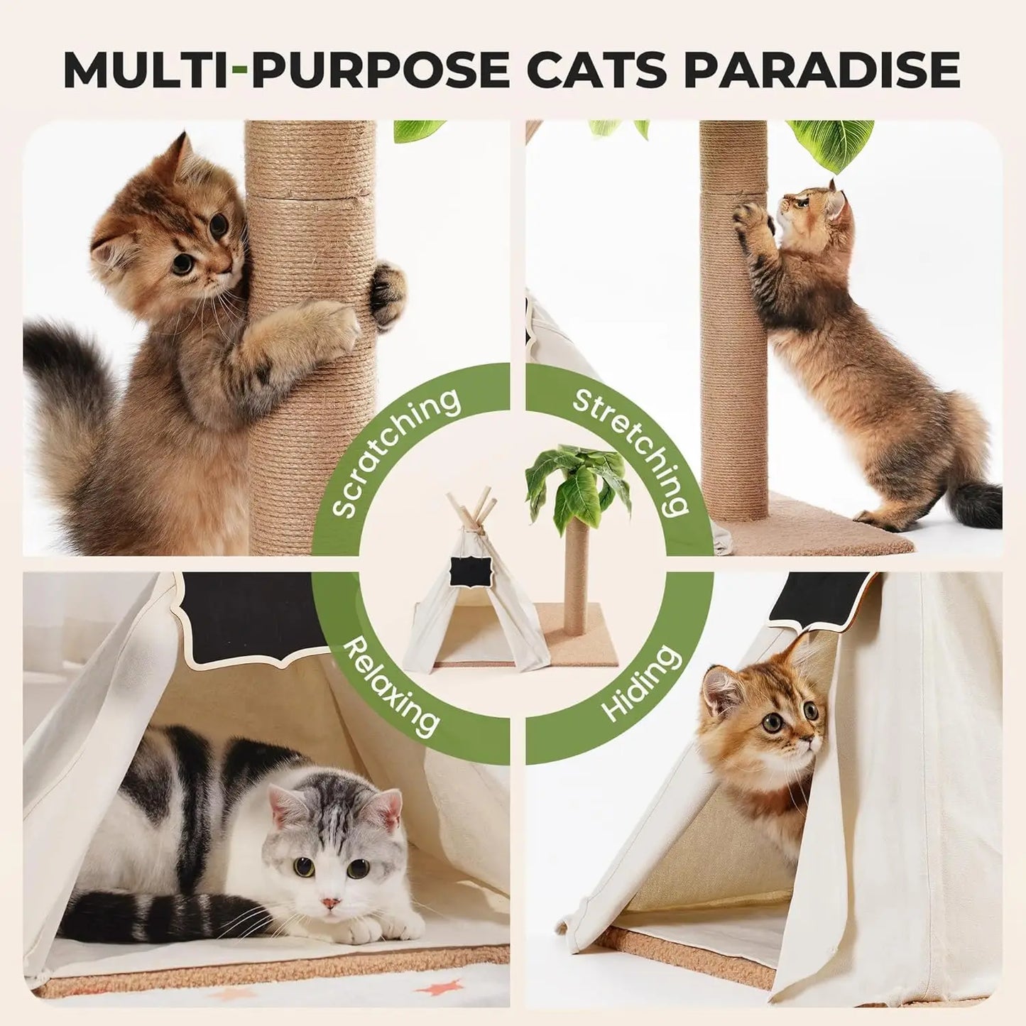 This 60cm tall Cat Scratching Post Teepee combines play, rest, and style in one unique design. Featuring simulated leaves, a sturdy scratcher post, and a cozy bed tent, it’s the perfect indoor retreat for your cat to scratc