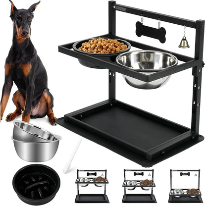 Elevated Slow Feeder Dog Bowls Adjustable Height Reduces Joint Stress with Spill-Proof Mat Large Dogs