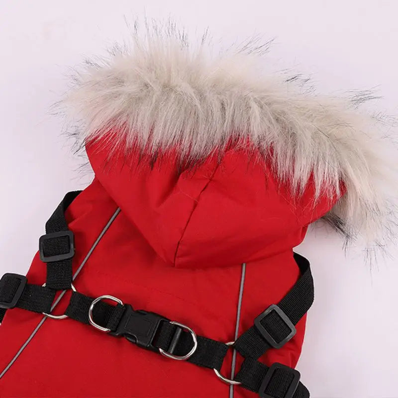 Autumn Winter Warm Pet Jacket With Harness. Hooded Padded Coat with Imitation Fur Hat For Small Medium Dogs
