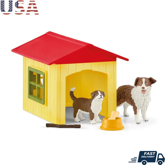 Friendly Dog House Playset with Australian Shepherd Figurines Toy Bone Dog Dish Puppy Accessories Indoor Outdoor Fun